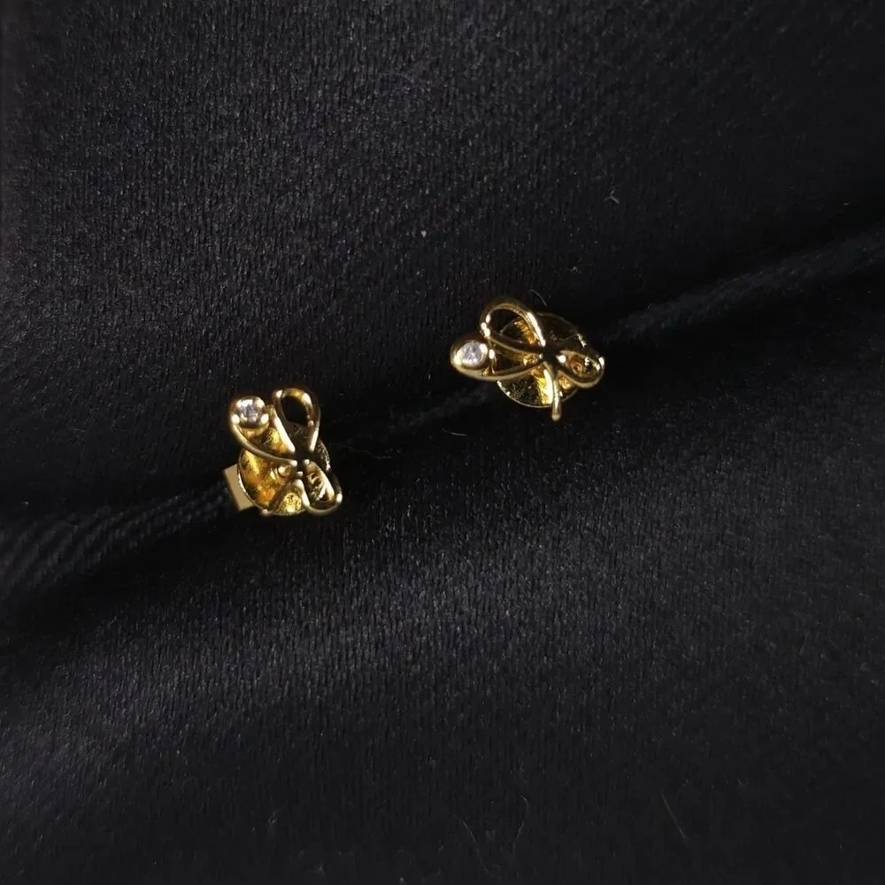 NWOT SYDNEY EVAN DIAMOND Stud Earrings‎ Gold Plated 925 Sterling Silver Bow
